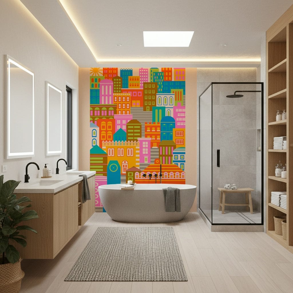 Bright Geometric Buildings Sunshine, happy colorful skyscraper mural.