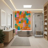 Bright Geometric Buildings Sunshine, happy colorful skyscraper mural.