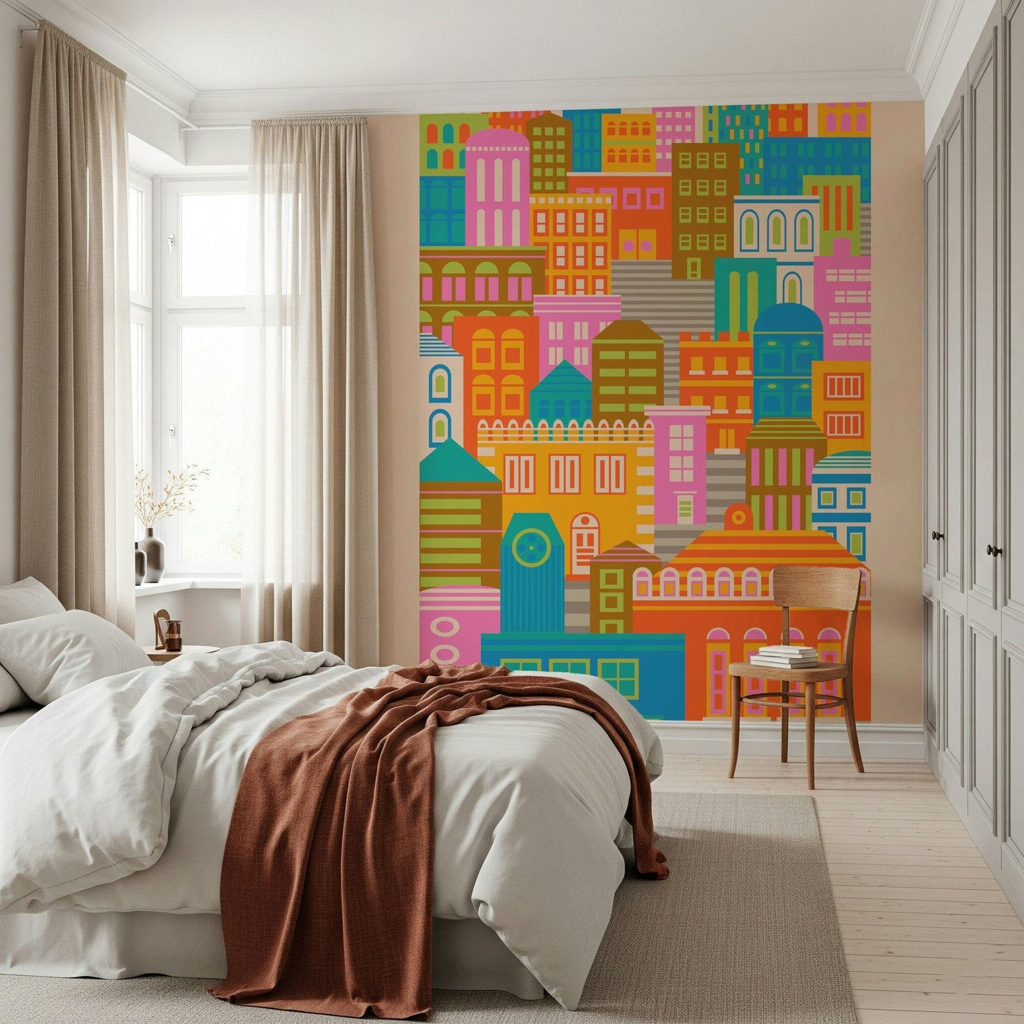 City Lights wallpaper for walls, stunning colorful apartment blocks.