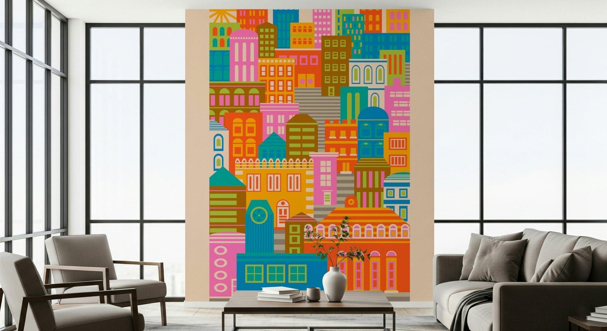 Rainbow Brights, abstract city buildings, lively home decor.
