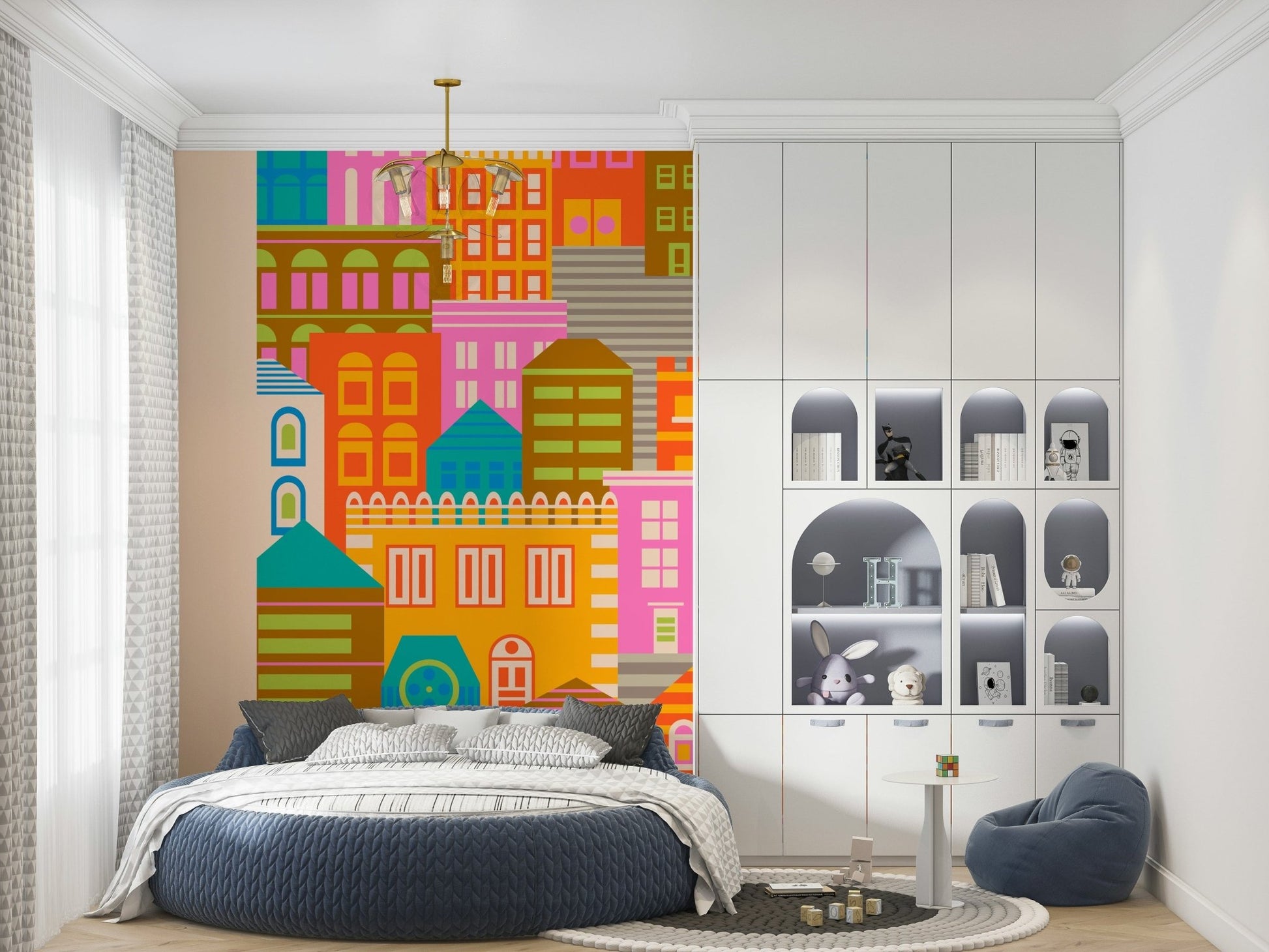 By Day Vintage Travel wall mural, colorful urban skyline pattern.