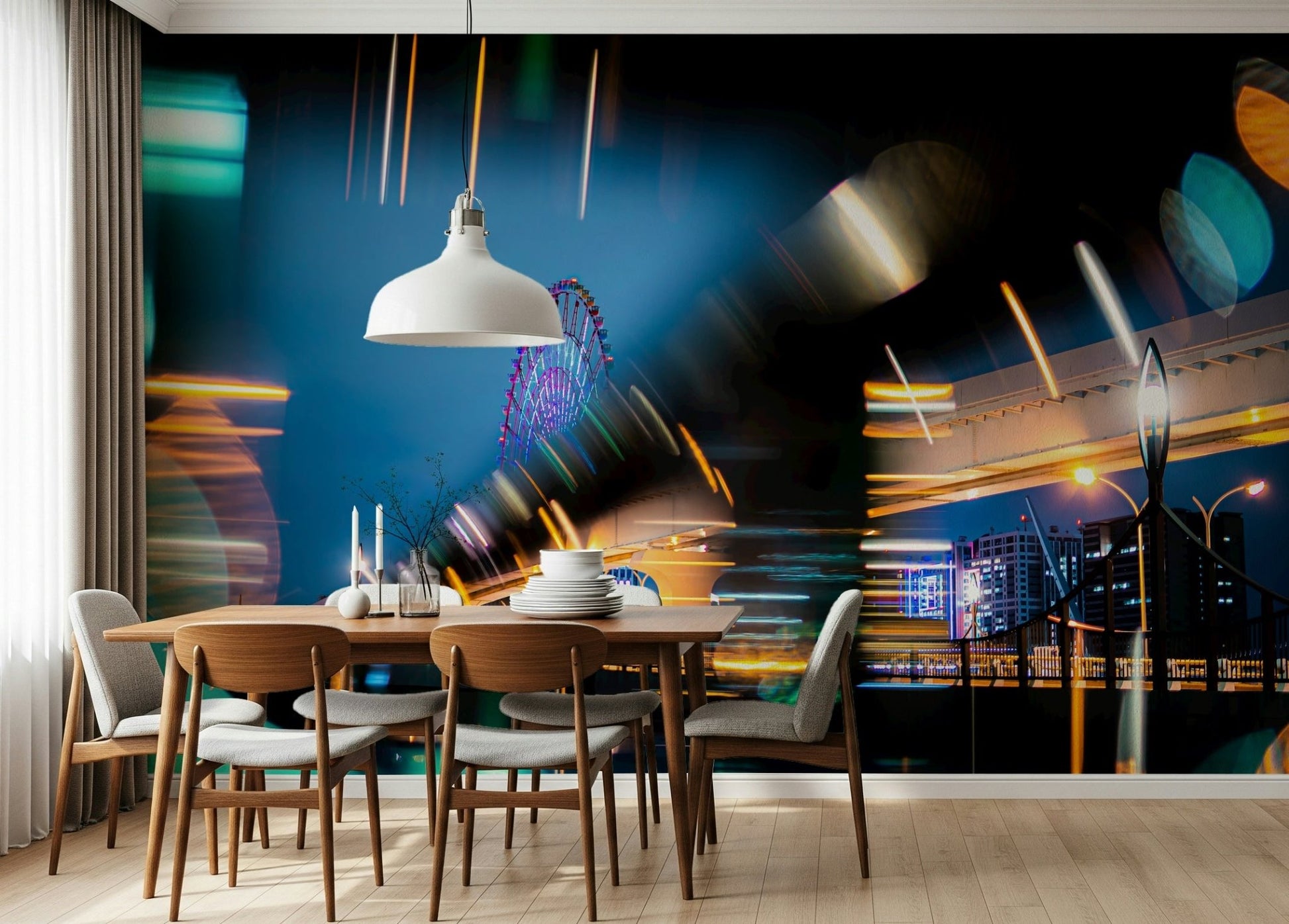 A peaceful geometric design mural on decorative wallpaper.