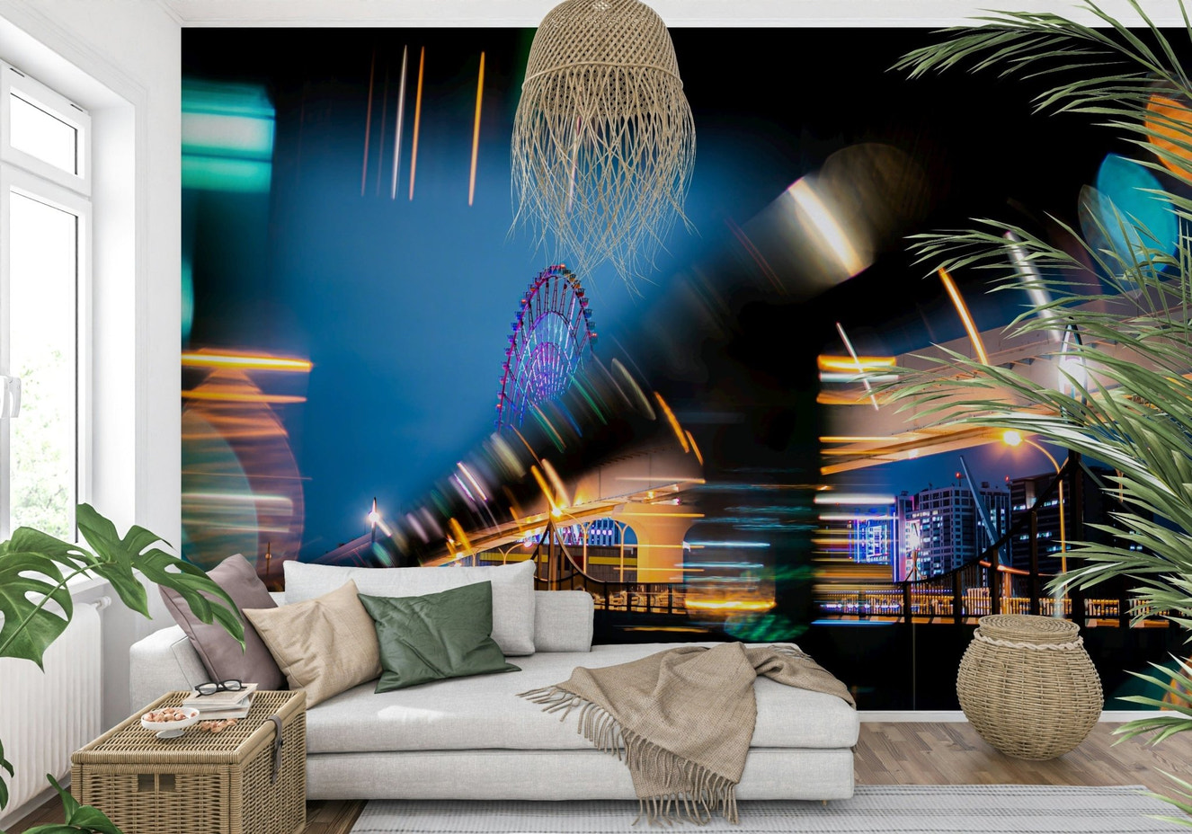 A beautiful abstract city skyline wallpaper mural with vibrant, fused lights.