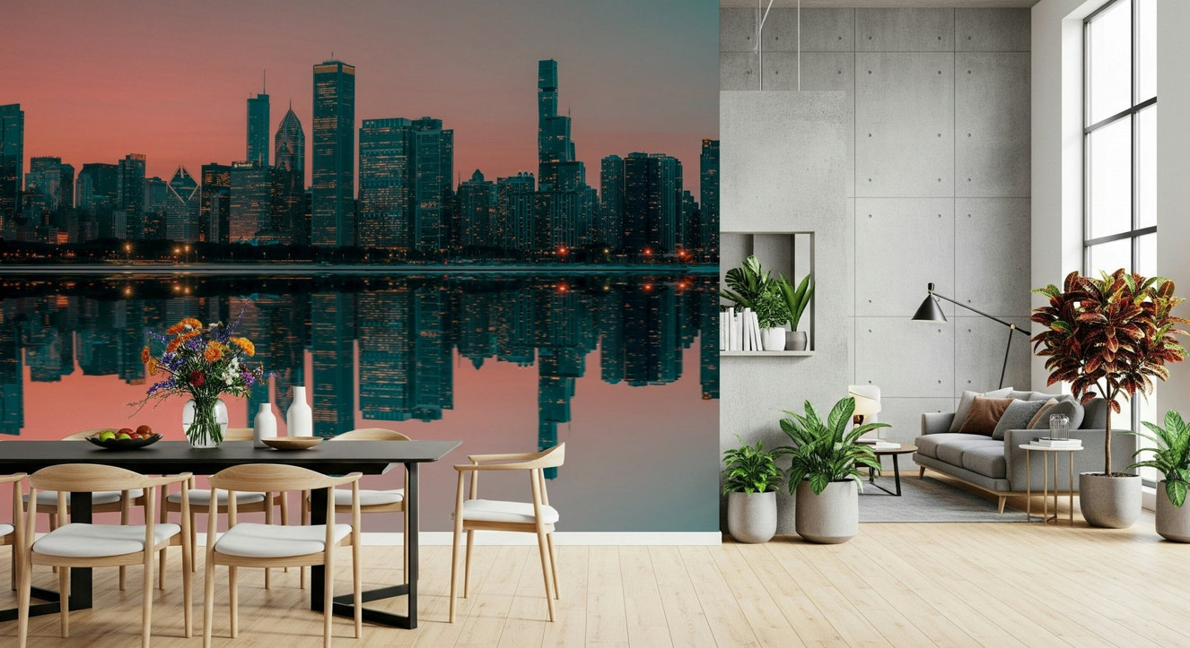 A beautiful abstract city skyline wallpaper mural with vibrant lights reflected in water.