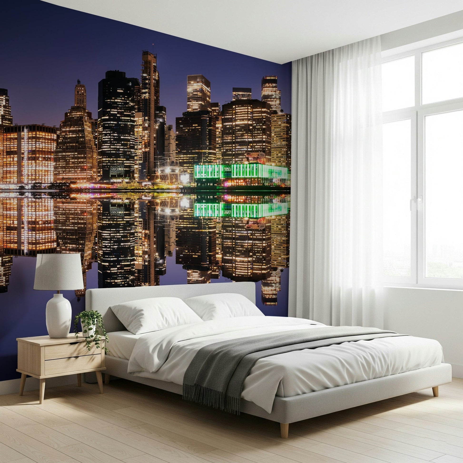 Vibrant urban night wallpaper showing a shimmering skyscraper reflection.