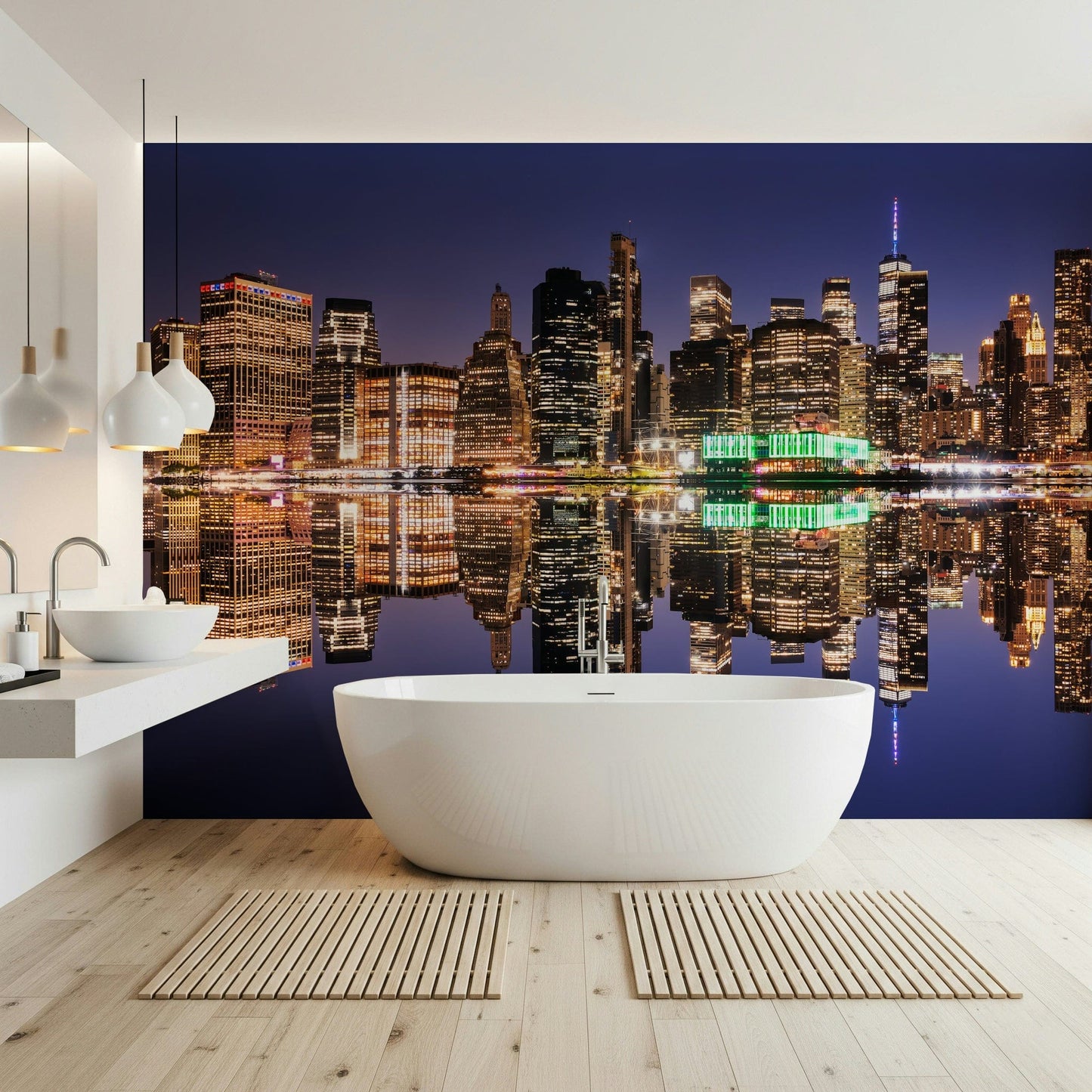 Minimalist metropolis wallpaper with a dark architectural water view.