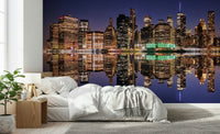 Sophisticated urban wallpaper featuring a symmetrical skyline reflection.
