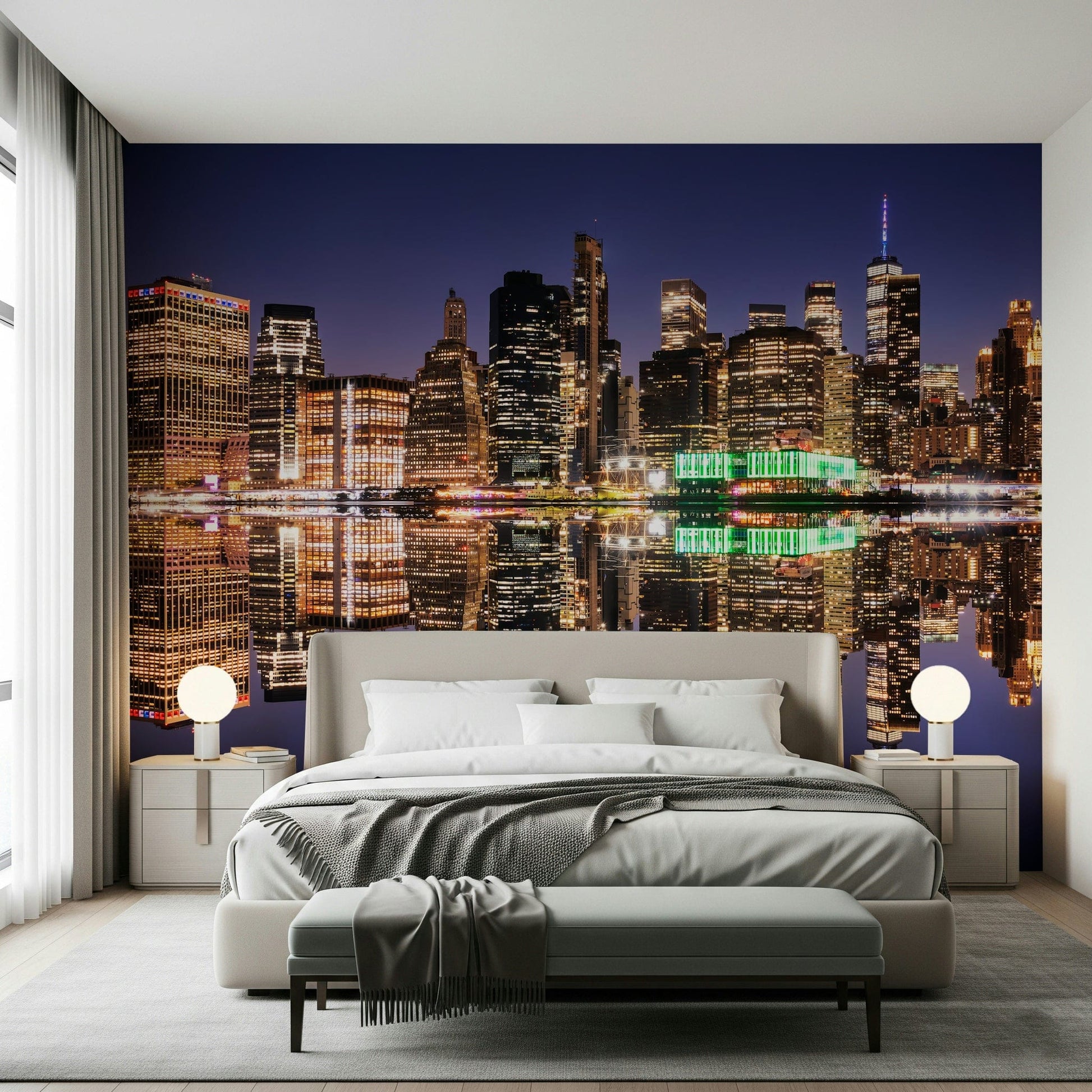Modern city lights reflection wall mural for a moody feature wall.