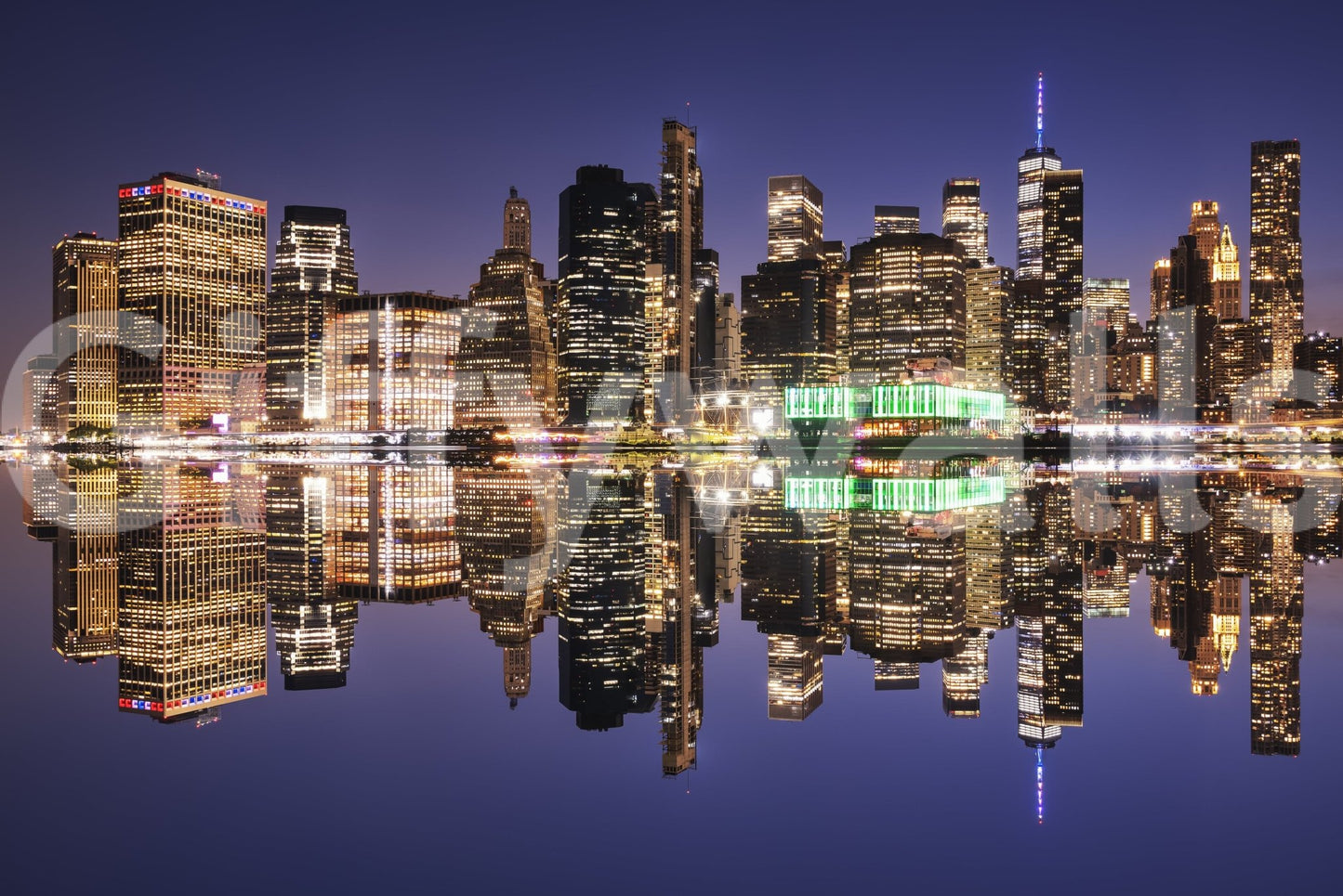 City lights reflection wall mural with a clear and dark night sky.