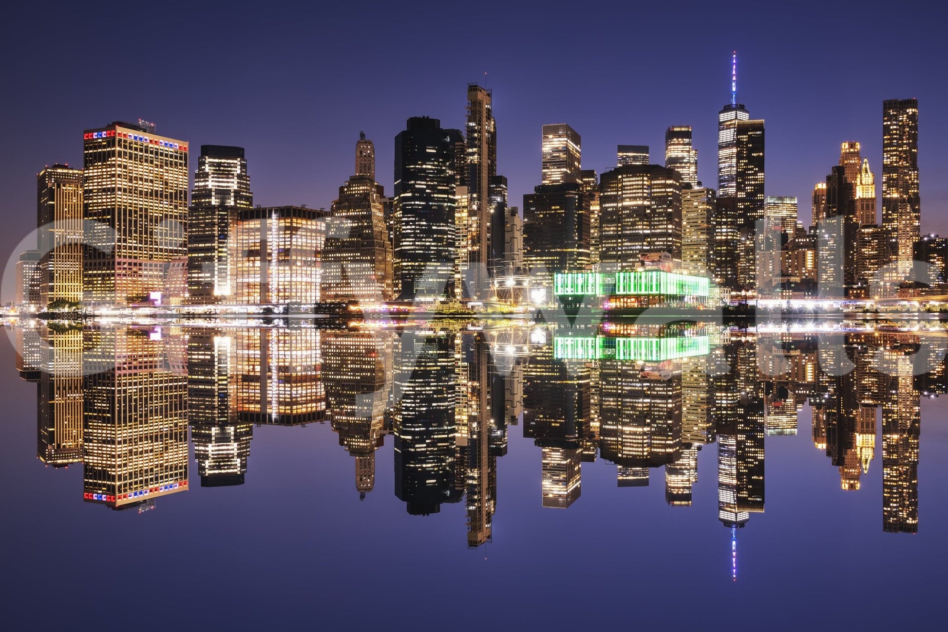 City lights reflection wall mural with a clear and dark night sky.