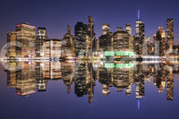 City lights reflection wall mural with a clear and dark night sky.