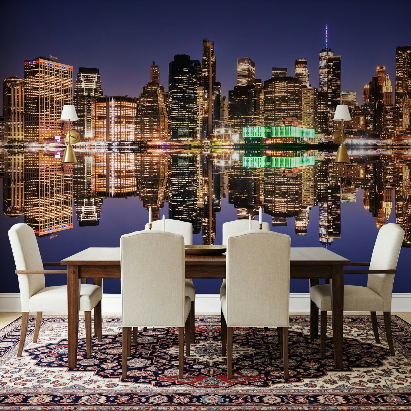 Geometric buildings wallpaper with golden light ripples on a lake.