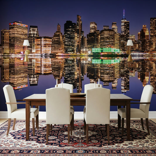 Geometric buildings wallpaper with golden light ripples on a lake.