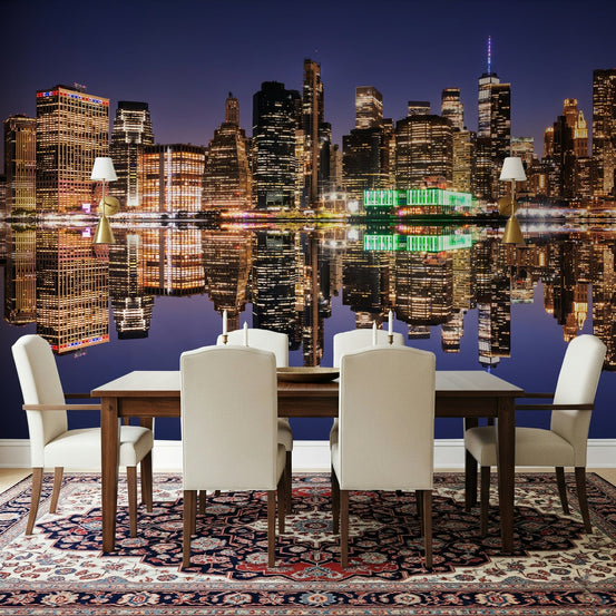 Geometric buildings wallpaper with golden light ripples on a lake., GD7630