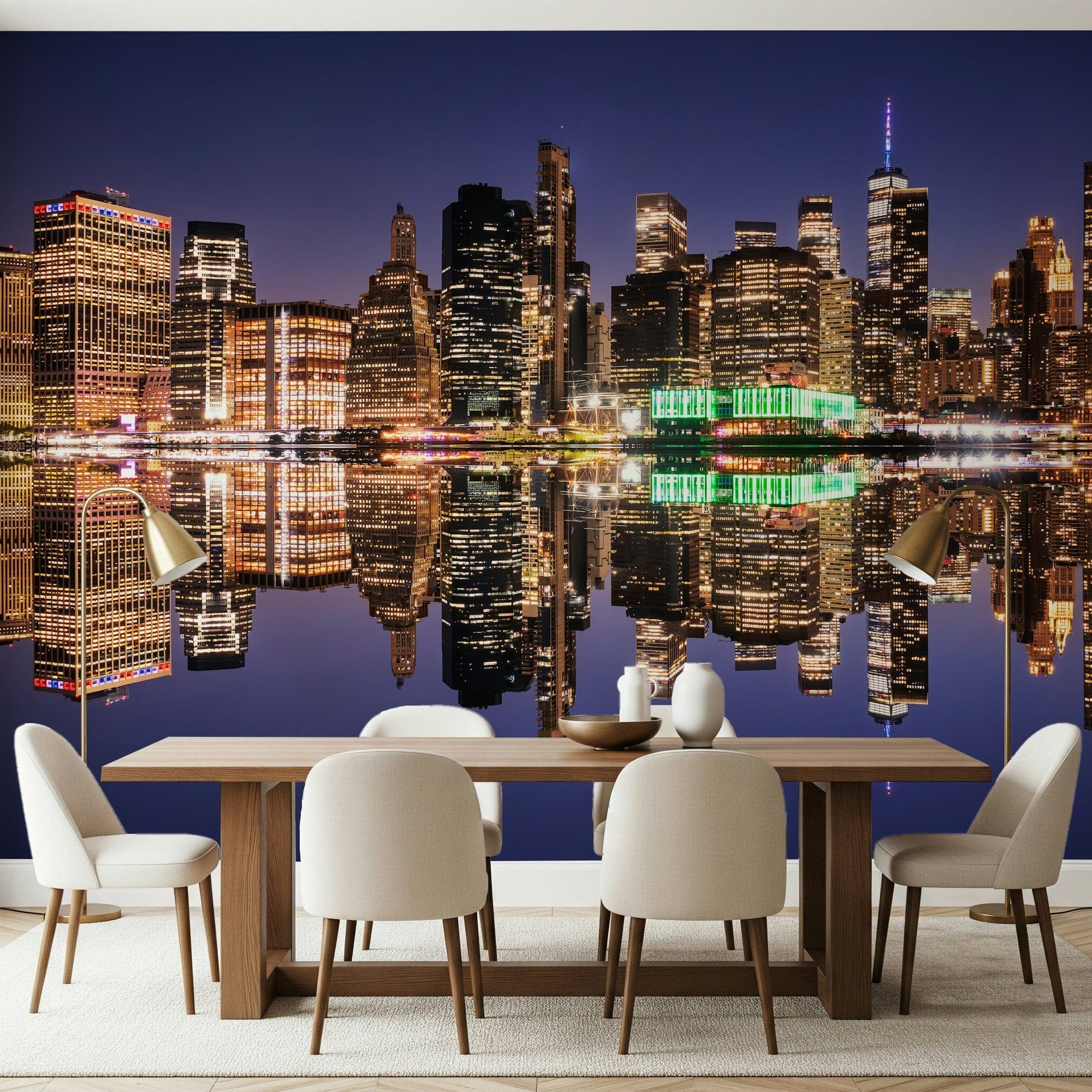 City lights reflection wall mural in deep navy and amber gold tones.