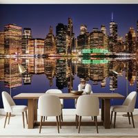 City lights reflection wall mural in deep navy and amber gold tones.