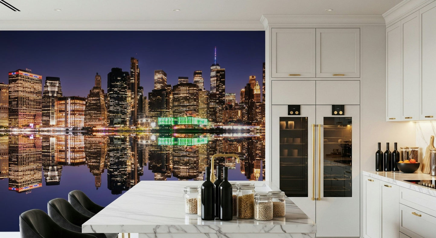 Atmospheric wall mural showing a quiet city harbor at midnight.