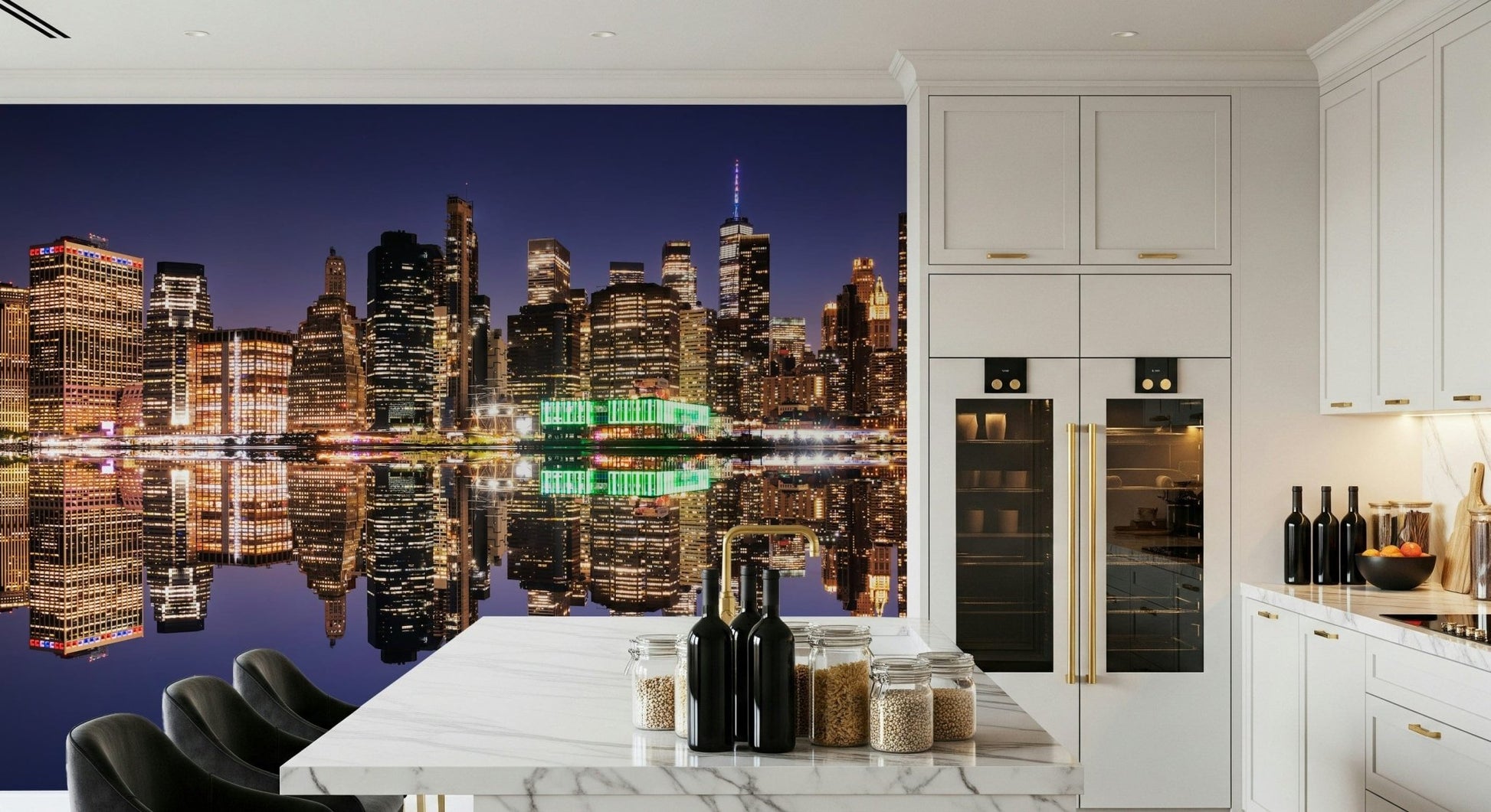 Atmospheric wall mural showing a quiet city harbor at midnight.