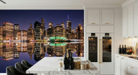 Atmospheric wall mural showing a quiet city harbor at midnight.
