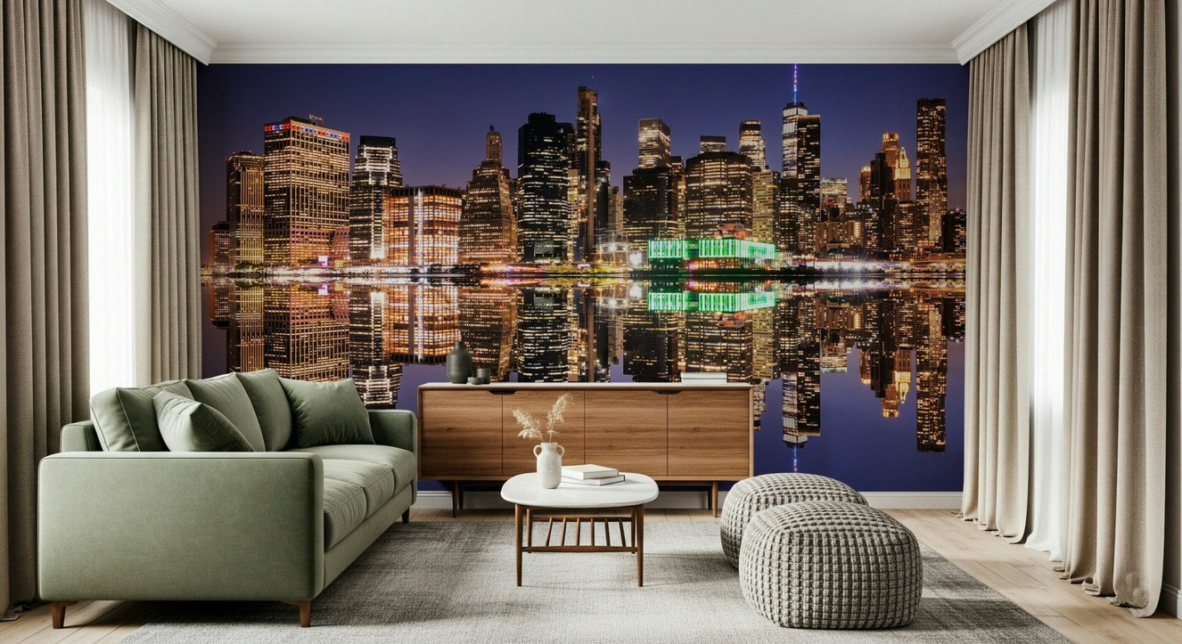 Nighttime city skyline wallpaper with glowing window reflections on water.