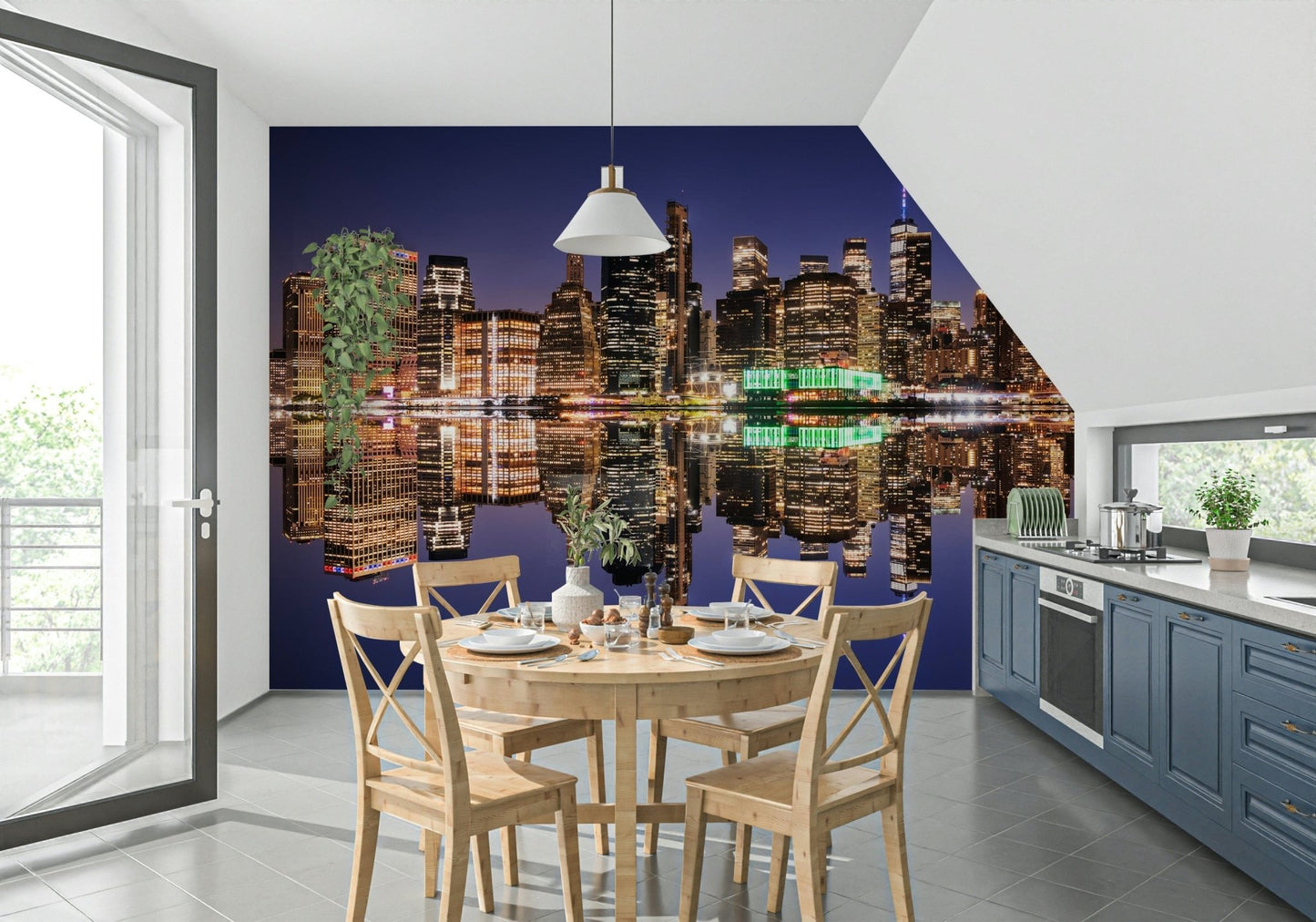 City lights reflection wall mural featuring a dark urban river scene.