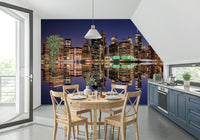 City lights reflection wall mural featuring a dark urban river scene.