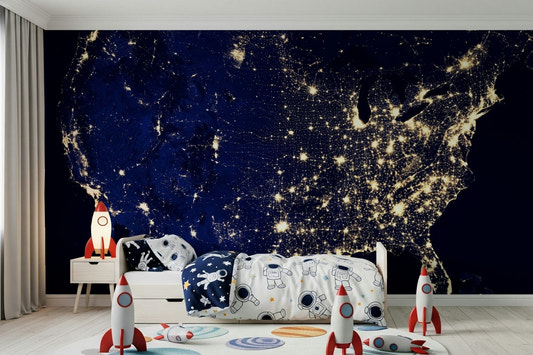 City Lights USA Wall Mural in a modern living room wallpaper