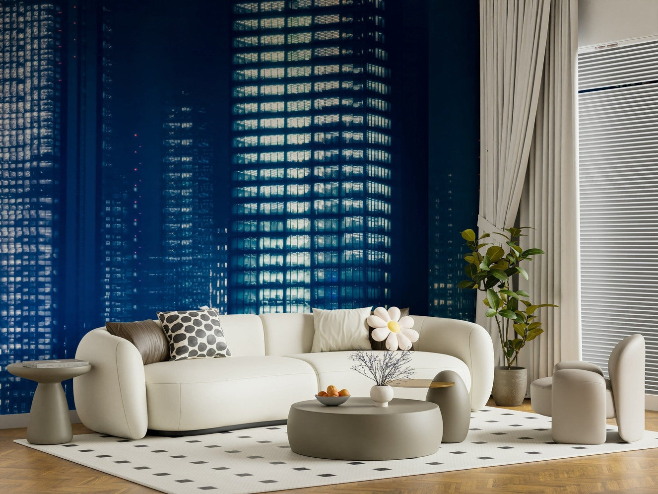 A beautiful abstract city skyline wallpaper mural with vibrant lights.