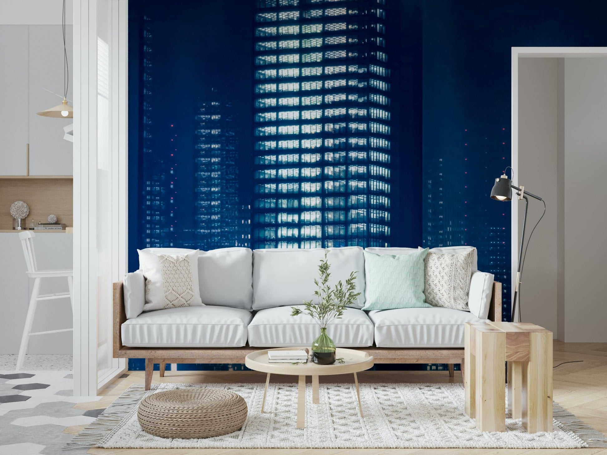 An artistic abstract block mural on minimalist wallpaper.