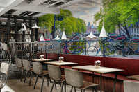 Colorful city mural with bicycles and modern architecture

