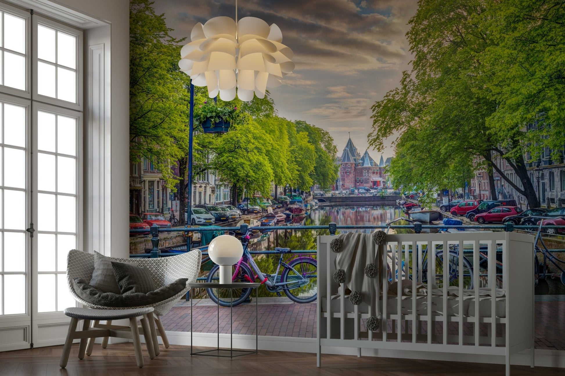 Scenic city mural with bikes in a bustling street scene

