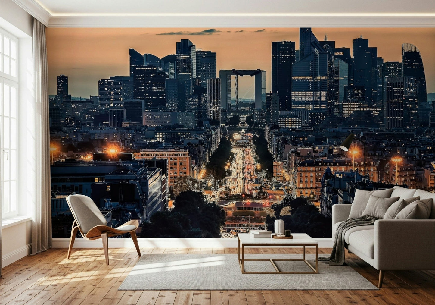 Panoramic City of Lights wallpaper mural displaying twilight glow., GD7498