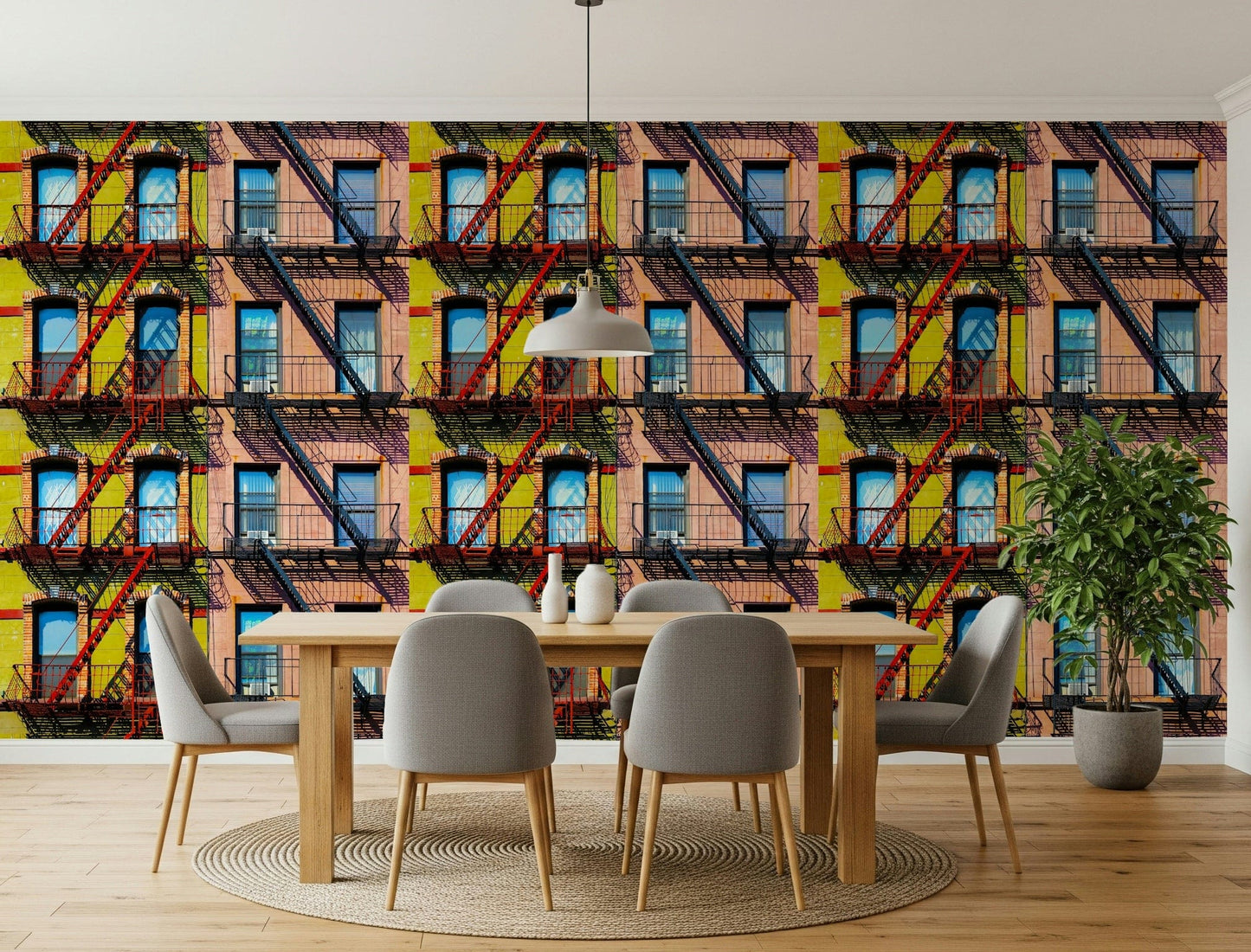 A peaceful geometric design mural on decorative wallpaper.