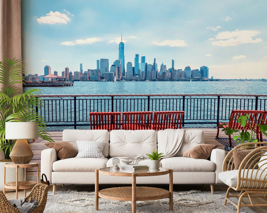 Red bench City Skyline View wall mural harbor.