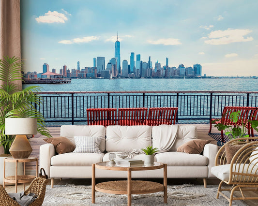 Red bench City Skyline View wall mural harbor.