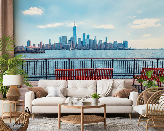 Red bench City Skyline View wall mural harbor., GD7507