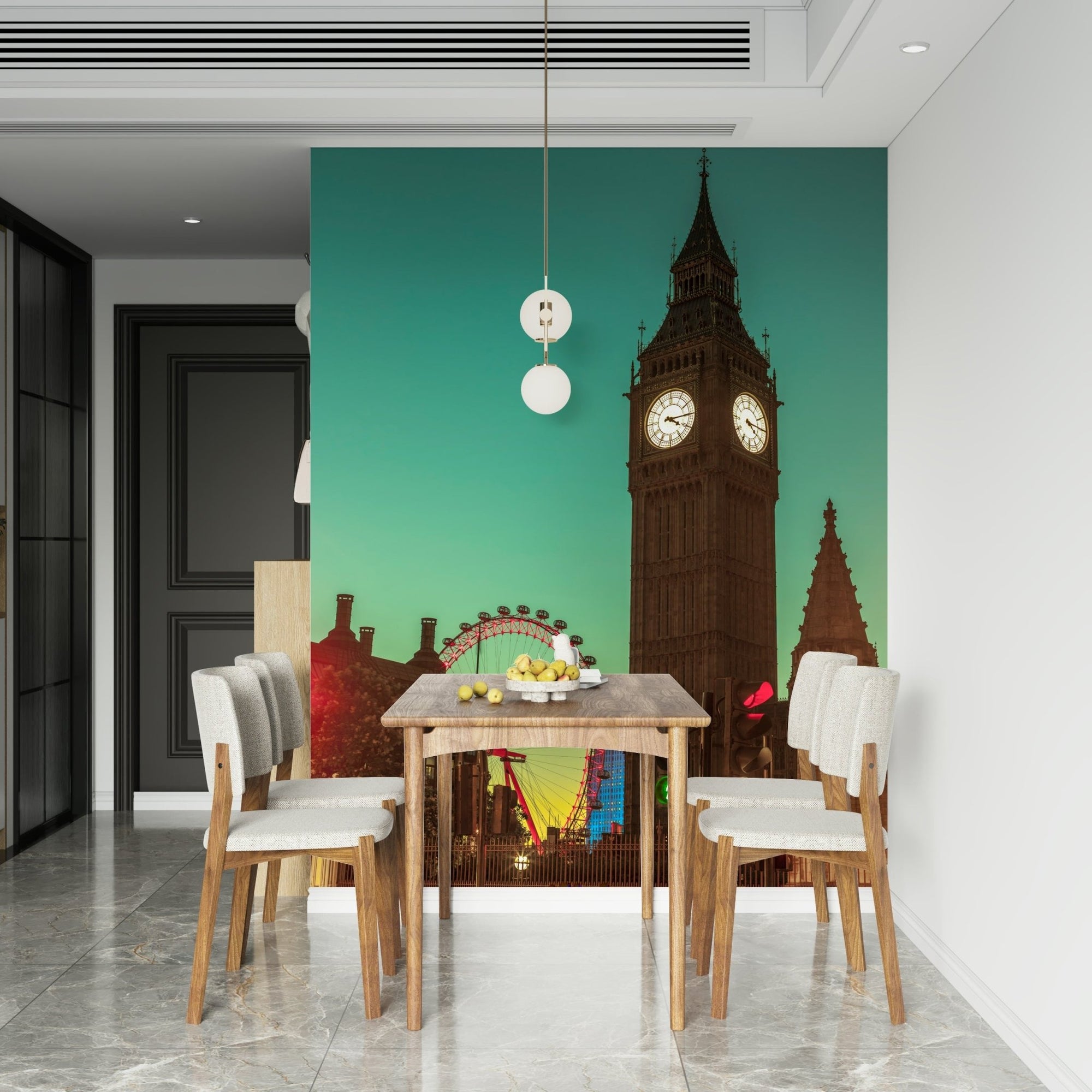 City Timepiece wall mural behind a dark wood desk., GD7764