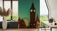 City Timepiece wall mural in a modern living room setting.
