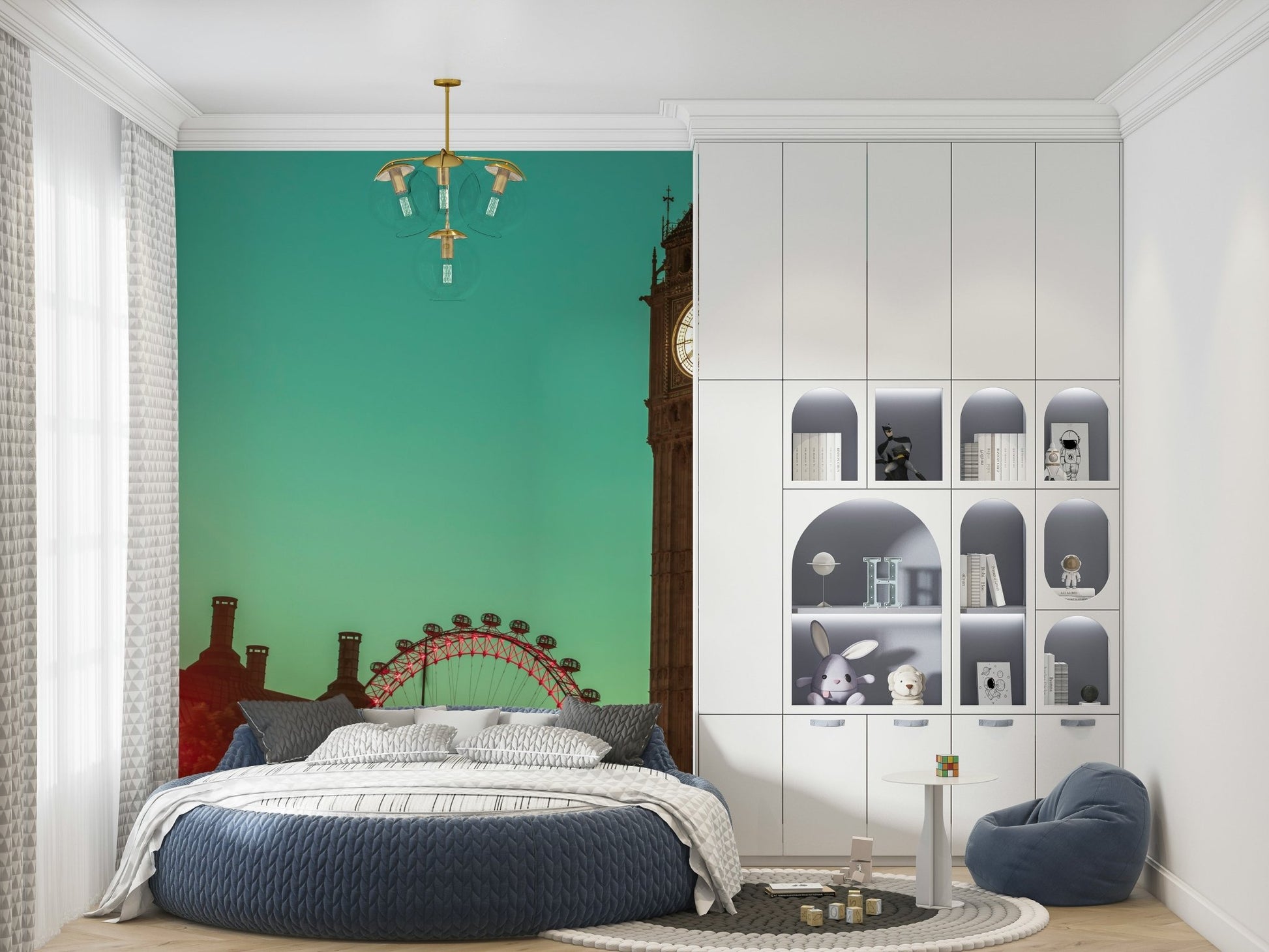 Large urban clock wallpaper for a contemporary feature wall.