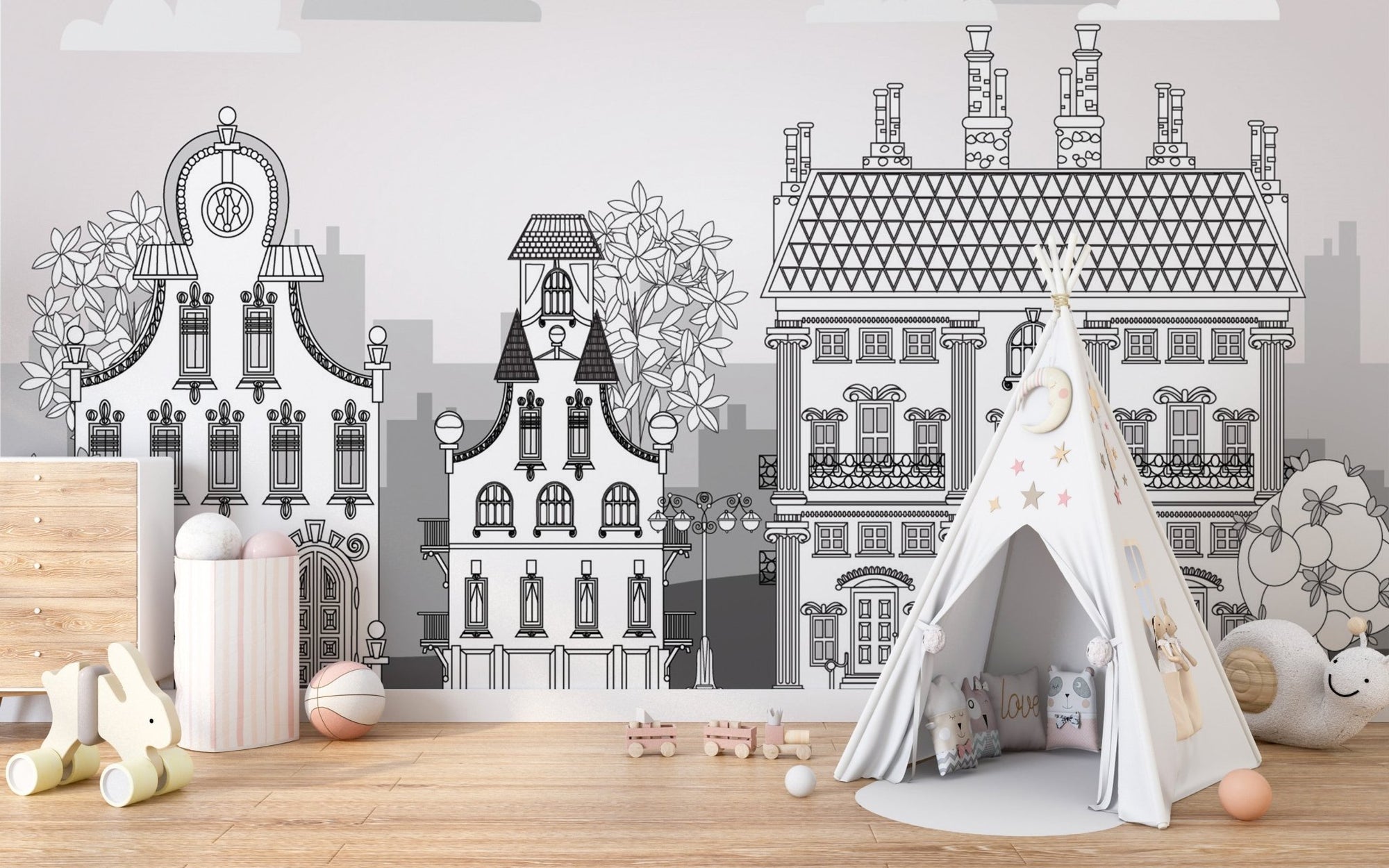 Ornate city town kids wallpaper with charming houses. A794