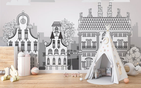 Ornate city town kids wallpaper with charming houses. A794