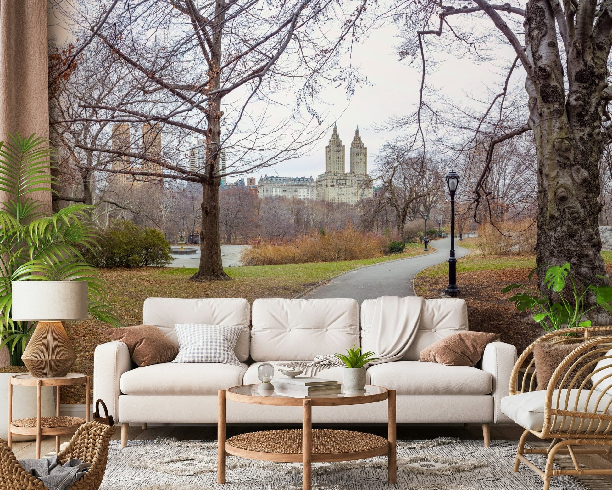 Urban skyline and green park landscape wallpaper for a modern master bedroom.