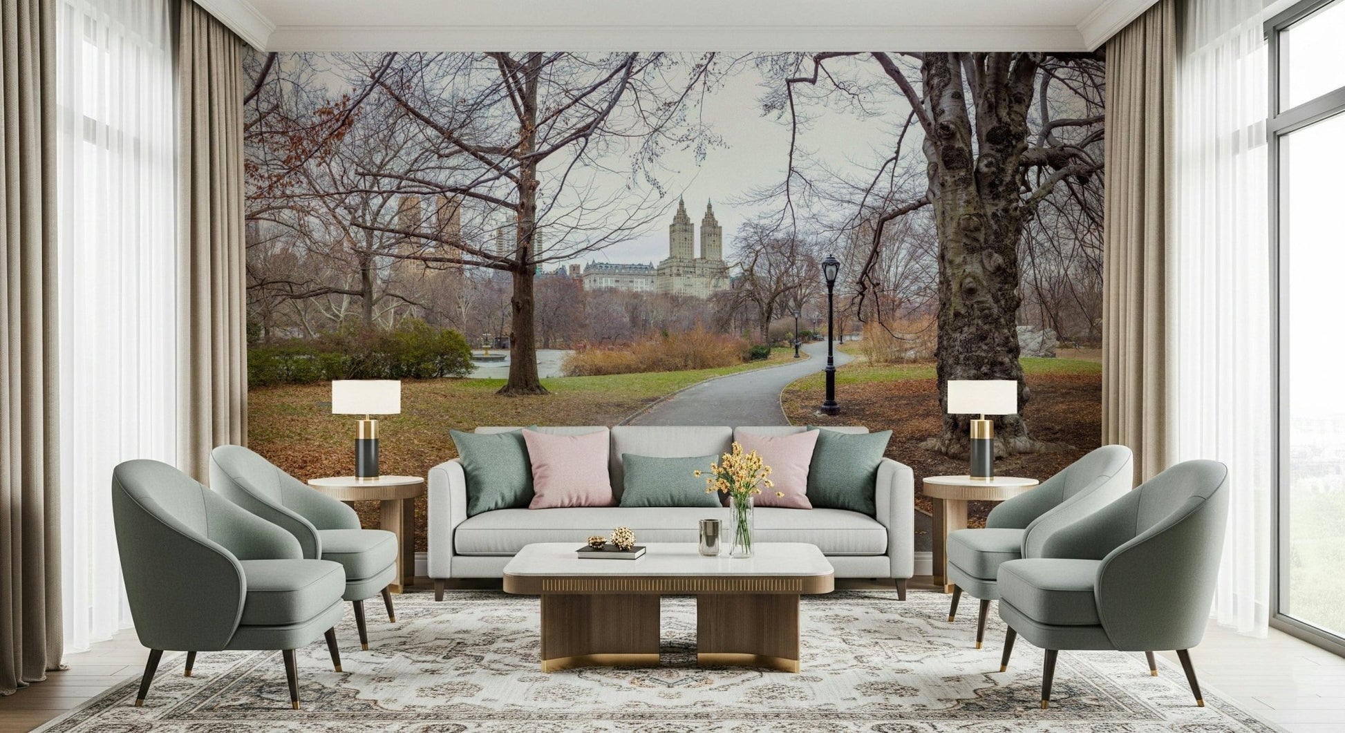 Panoramic city view and lush forest wall mural in a bright home office.