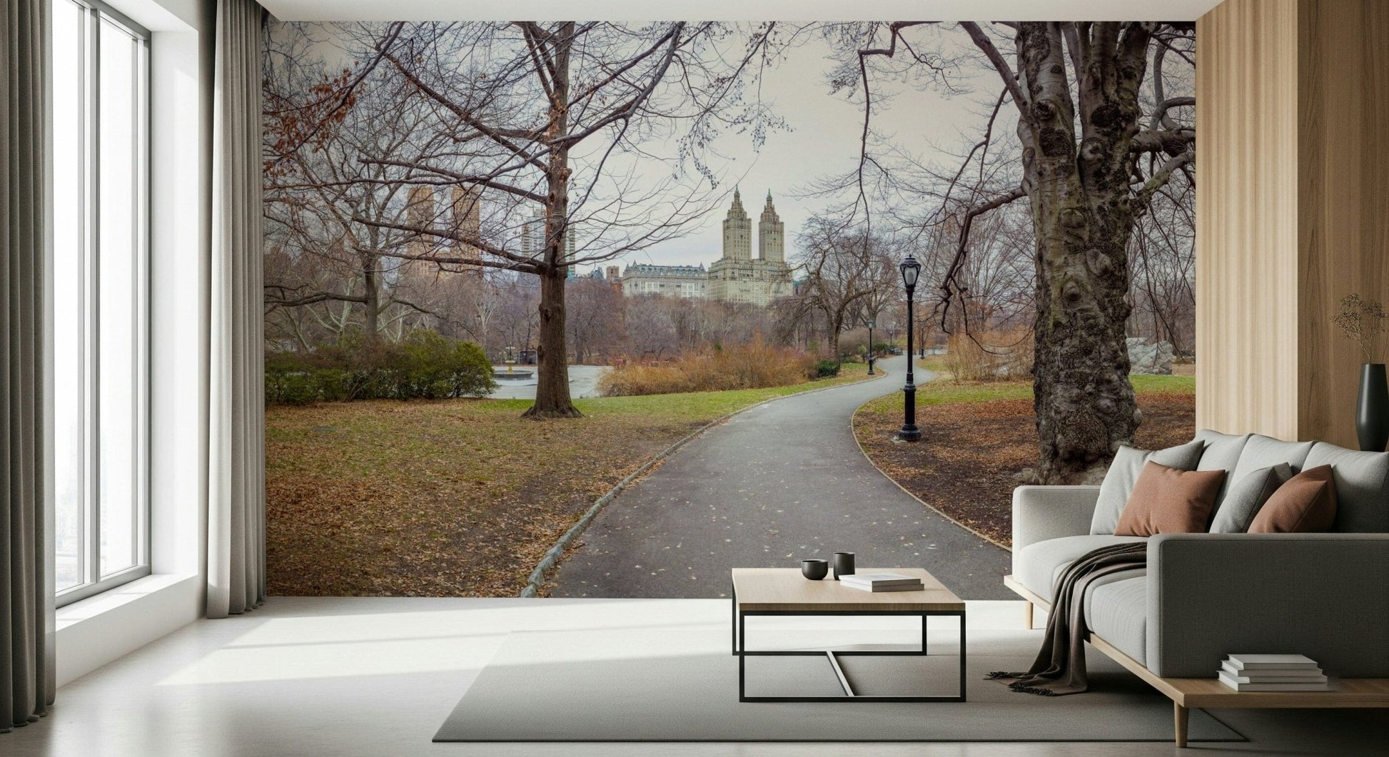 Large scale city park wall mural for a serene guest room atmosphere.
