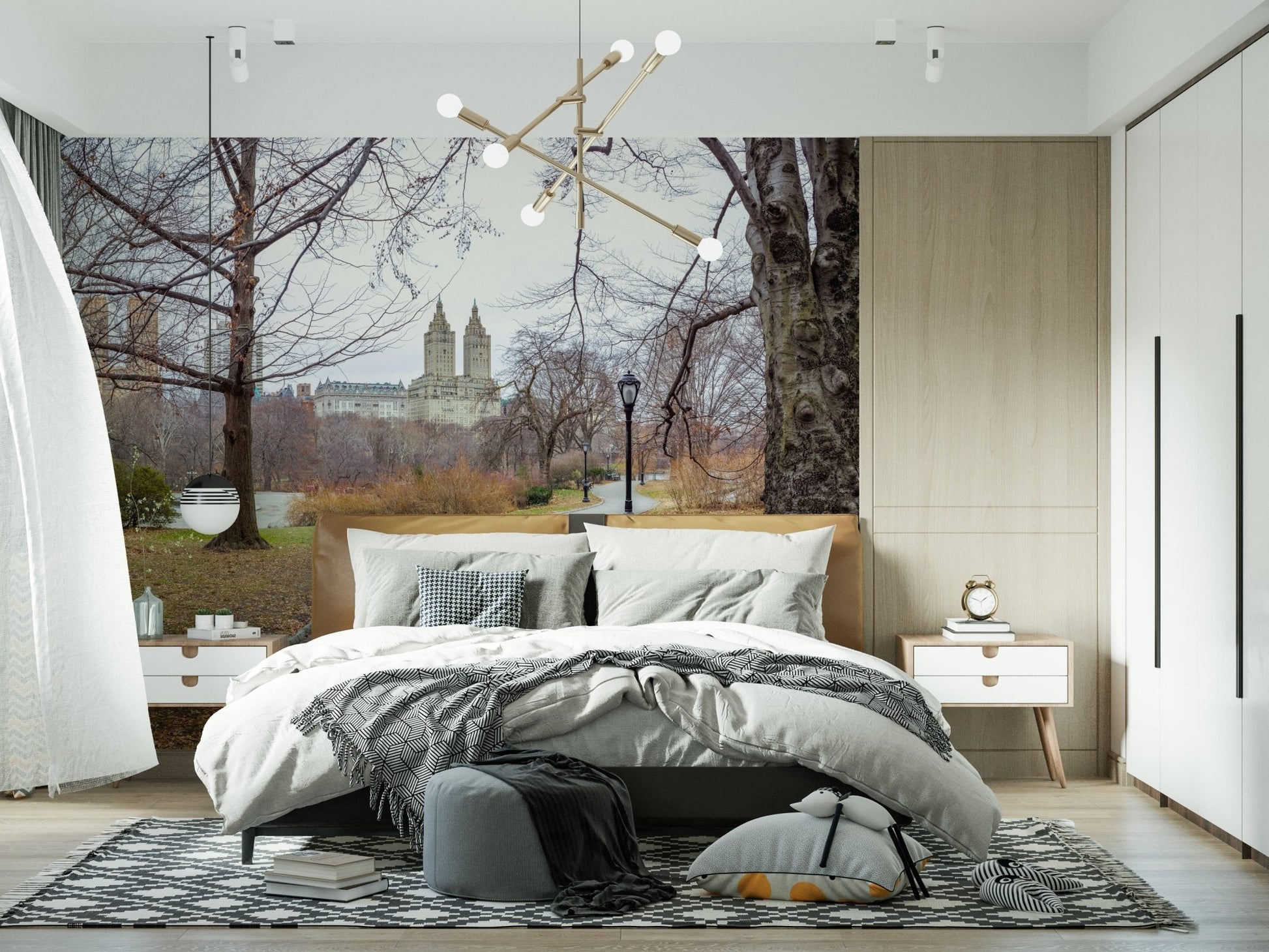 City's Nature Vista Wall Mural in a spacious living room with wooden floors.