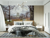 City's Nature Vista Wall Mural in a spacious living room with wooden floors.