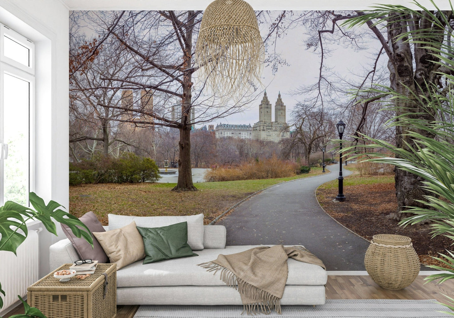 Sophisticated urban nature vista wallpaper for a reception area wall.