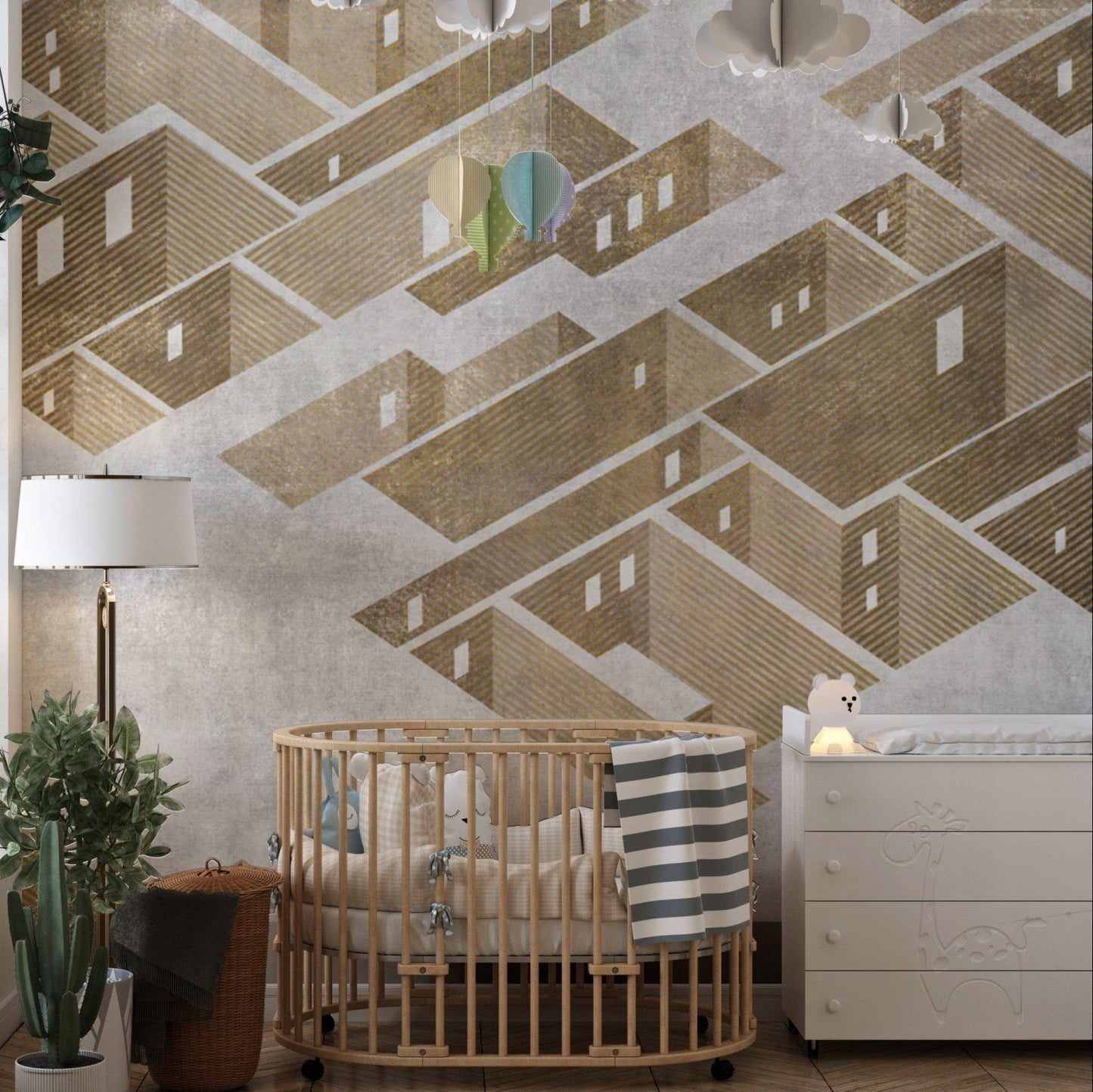Cityscape wallpaper with intricate axonometric design elements. B662
