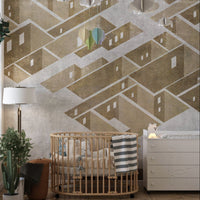 Cityscape wallpaper with intricate axonometric design elements. B662
