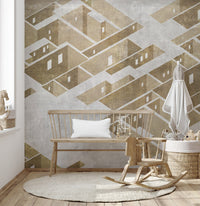 Sophisticated cityscape axonometric mural for urban interiors. B662